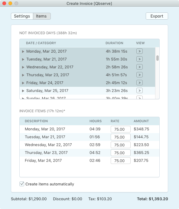 Invoice based on worked hours records