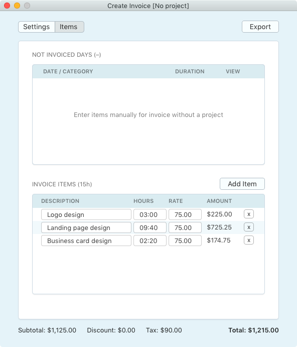 Invoice generator window