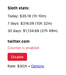 Sloth Worth browser popup with stats